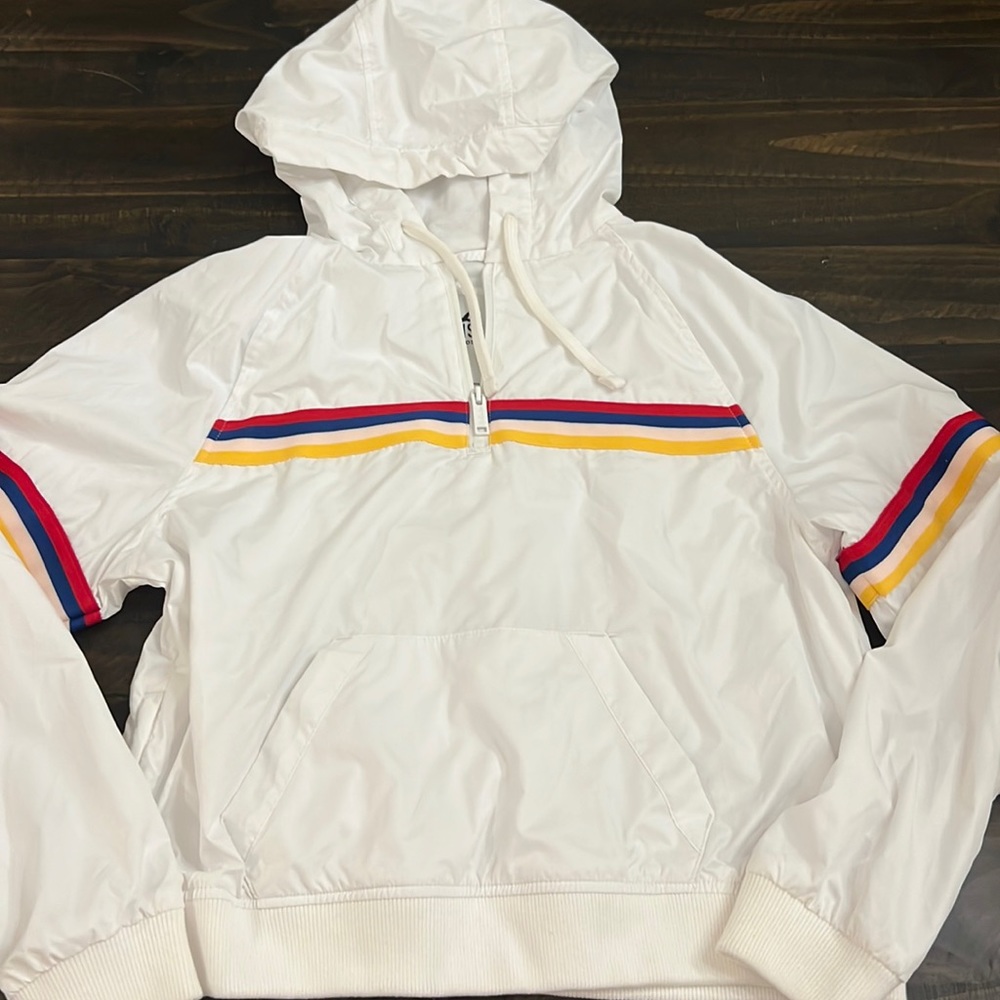 Hollister women’s windbreaker size medium red blue pink and yellow striped.